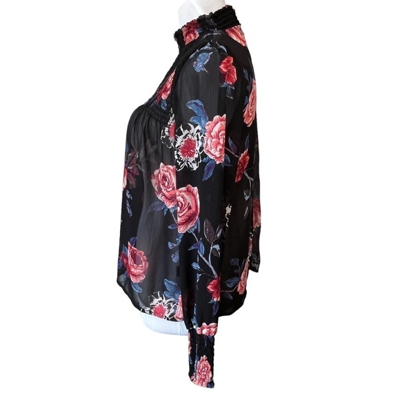 About a Girl Sheer Floral Smocked High Neck Blouse Size Medium - Picture 3 of 11